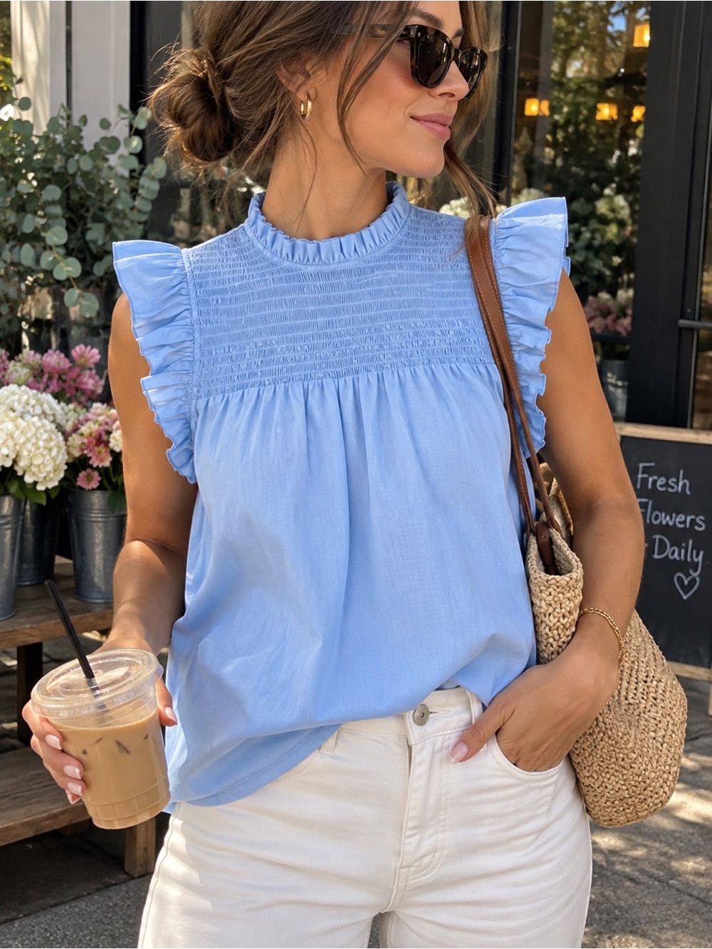 NWT English Factory Blue Smocked Ruffle Blouse Tie Back Size S